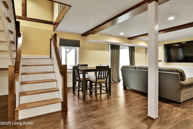1416 Taylor Wood Rd, Simpsonville, KY 40067 - dining area with stairway, plenty of natural light, beamed ceiling, wood finished floors, and a textured ceiling