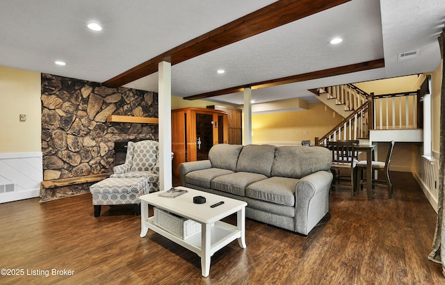 1416 Taylor Wood Rd, Simpsonville, KY 40067 - living area with stairway, wood finished floors, wainscoting, beam ceiling, and a decorative wall