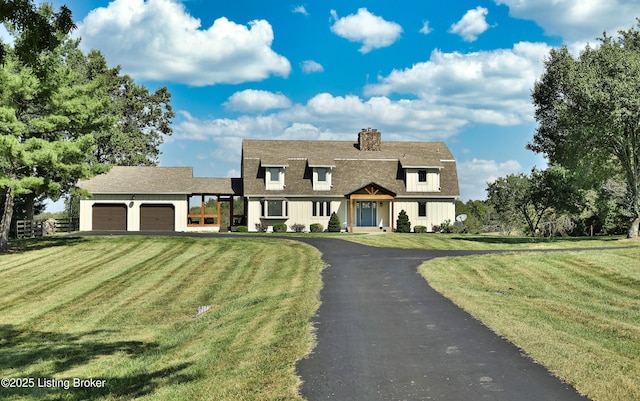 1416 Taylor Wood Rd, Simpsonville, KY 40067 - colonial inspired home with a chimney, a garage, asphalt driveway, a shingled roof, and a front yard