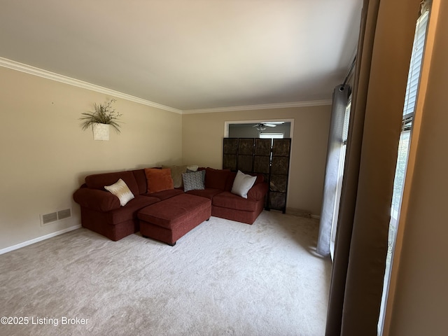 805 Kinross Pl, Douglass Hills, KY 40243 - living room featuring ornamental molding, carpet floors, baseboards, and ceiling fan