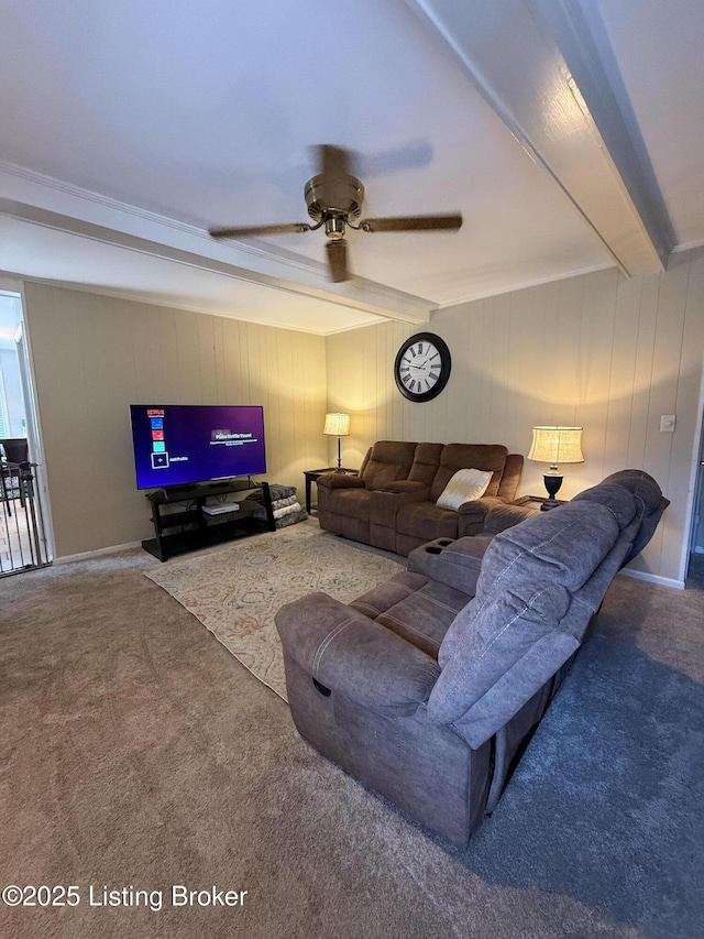 805 Kinross Pl, Douglass Hills, KY 40243 - living room with beam ceiling, carpet flooring, and ceiling fan