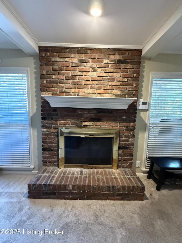 805 Kinross Pl, Douglass Hills, KY 40243 - detailed view of carpet, a fireplace, and ornamental molding