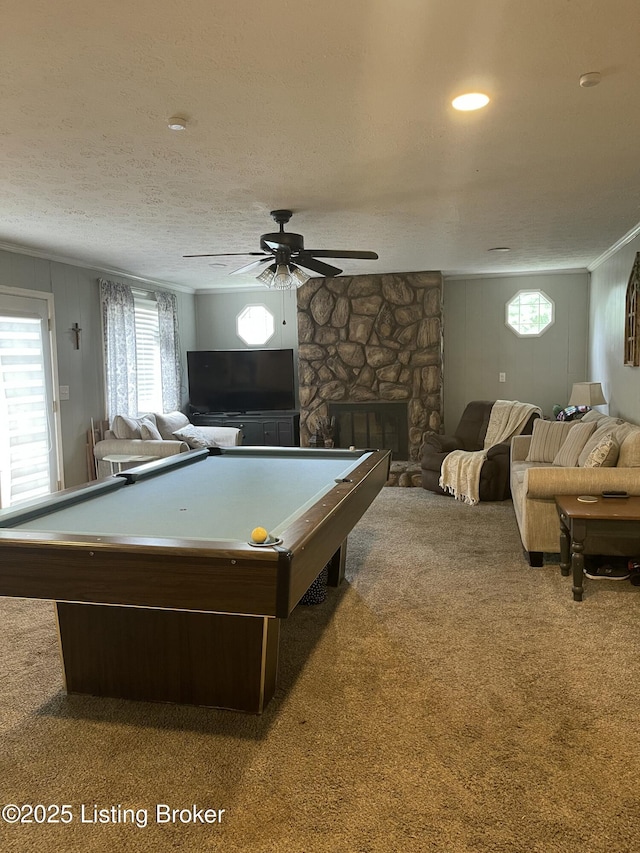 2623 Parklawn Dr, Louisville, KY 40217 - game room with healthy amount of natural light, carpet floors, billiards table, ornamental molding, and a textured ceiling