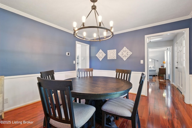 828 Dorsey Ln, Louisville, KY 40223 - dining space featuring a chandelier, ornamental molding, wood-type flooring, and wainscoting