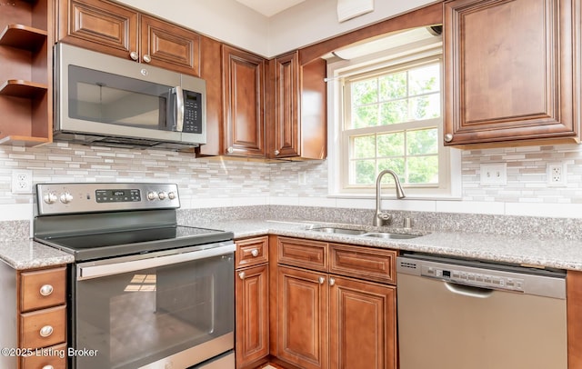 1311 Pollitt Ct, Louisville, KY 40223 - kitchen featuring stainless steel appliances, a sink, brown cabinets, backsplash, and open shelves