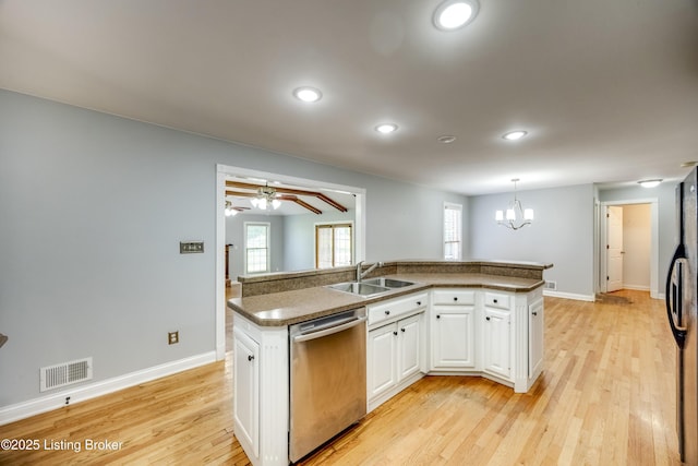 1124 Foxfire Rd, Bardstown, KY 40004 - kitchen with stainless steel dishwasher, light wood-type flooring, white cabinetry, a chandelier, and recessed lighting