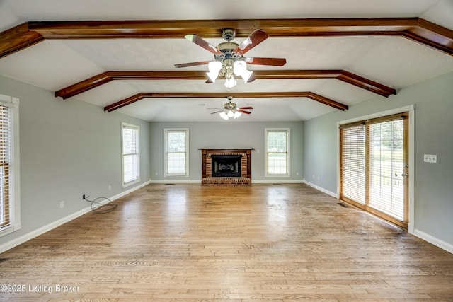1124 Foxfire Rd, Bardstown, KY 40004 - unfurnished living room with ceiling fan, wood finished floors, and a brick fireplace