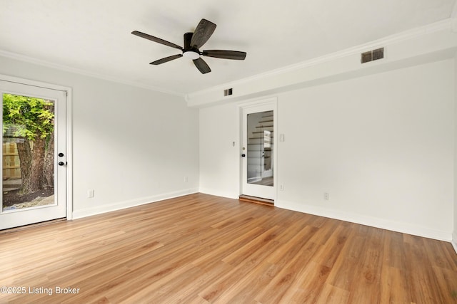 5115 Stony Brook Dr, Louisville, KY 40291 - spare room featuring ornamental molding, light wood-type flooring, a ceiling fan, and baseboards
