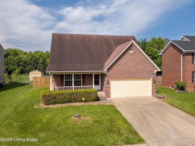 9400 Minute Men Ct, Louisville, KY 40214 - view of front of house with brick siding, an attached garage, covered porch, concrete driveway, and a shingled roof