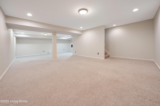 9400 Minute Men Ct, Louisville, KY 40214 - finished basement with light carpet, stairs, baseboards, and recessed lighting