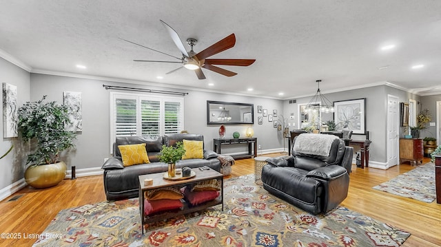 5531 Forest Lake Dr, Prospect, KY 40059 - living room with a ceiling fan, wood finished floors, recessed lighting, a chandelier, and crown molding