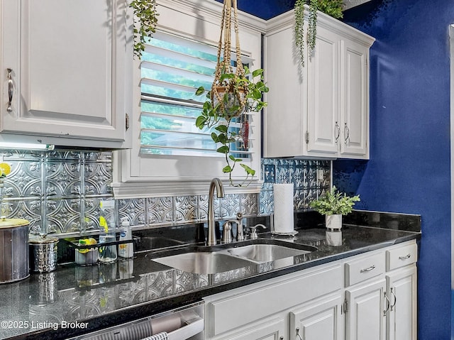 5531 Forest Lake Dr, Prospect, KY 40059 - kitchen featuring white cabinetry, tasteful backsplash, dishwashing machine, and dark stone countertops