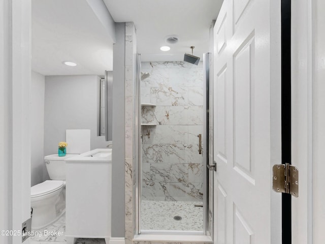 5531 Forest Lake Dr, Prospect, KY 40059 - bathroom with marble look tile flooring, a marble finish shower, and recessed lighting