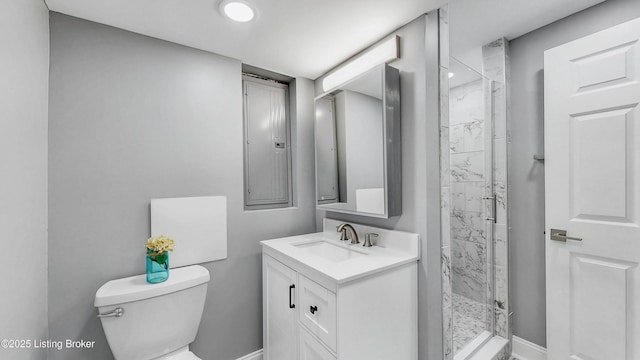 5531 Forest Lake Dr, Prospect, KY 40059 - bathroom with vanity, a marble finish shower, and recessed lighting