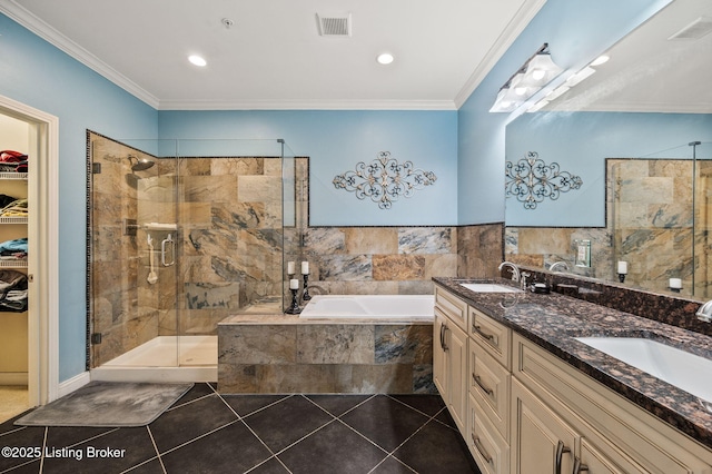 15323 Royal Troon Ave, Louisville, KY 40245 - bathroom with a bath, a stall shower, double vanity, tile patterned floors, and crown molding