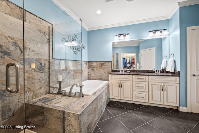 15323 Royal Troon Ave, Louisville, KY 40245 - bathroom featuring ornamental molding, a bath, double vanity, a stall shower, and tile patterned flooring