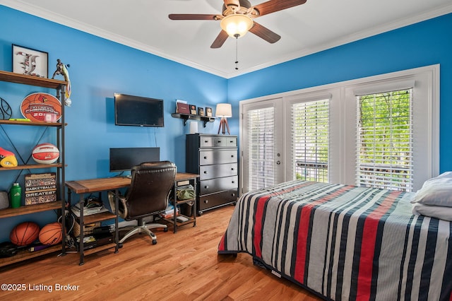 15323 Royal Troon Ave, Louisville, KY 40245 - bedroom featuring access to outside, ornamental molding, wood finished floors, ceiling fan, and an office area