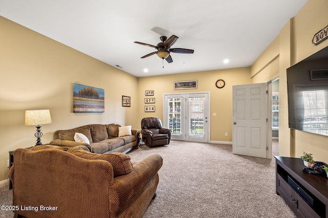 15323 Royal Troon Ave, Louisville, KY 40245 - living room featuring light colored carpet, ceiling fan, baseboards, and recessed lighting