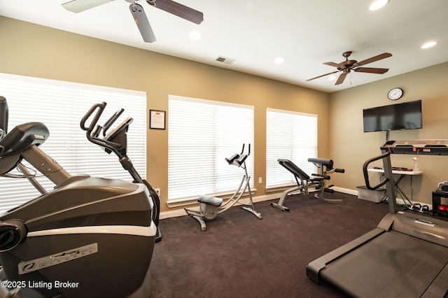 15323 Royal Troon Ave, Louisville, KY 40245 - exercise room with a ceiling fan, baseboards, recessed lighting, and carpet flooring