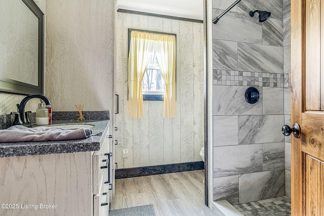 3412 Boyds Knob Rd, Munfordville, KY 42765 - bathroom featuring a shower stall, wood finished floors, toilet, and vanity