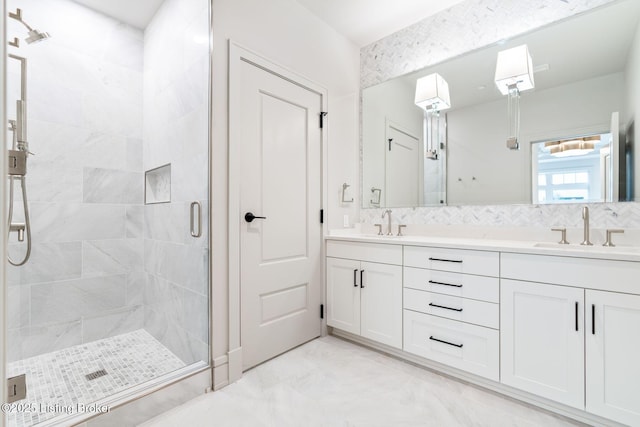 1576 Cherokee Rd Unit 1, Louisville, KY 40205 - bathroom featuring a stall shower, double vanity, and marble finish floors