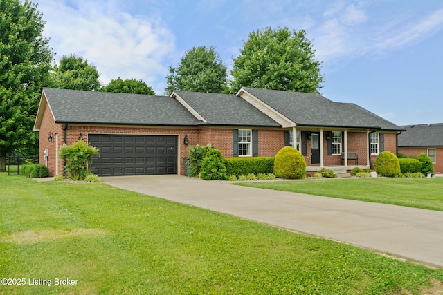 103 Maggie Ln, Bardstown, KY 40004 - single story home featuring brick siding, a garage, a front lawn, concrete driveway, and a shingled roof