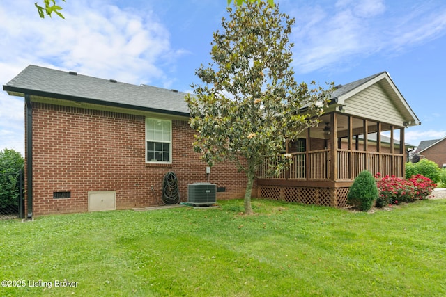 103 Maggie Ln, Bardstown, KY 40004 - rear view of house with a yard, brick siding, ceiling fan, cooling unit, and crawl space