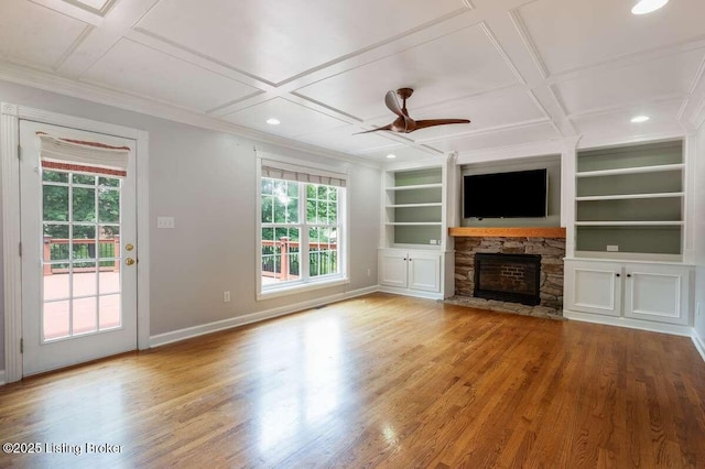 103 Deer Grove Ct, Elizabethtown, KY 42701 - unfurnished living room featuring healthy amount of natural light, coffered ceiling, baseboards, wood finished floors, and ornamental molding