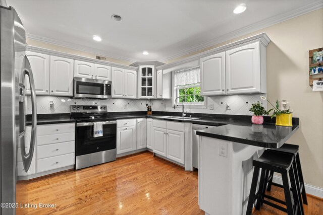 6209 Interlaken Way, Prospect, KY 40059 - kitchen featuring stainless steel appliances, a sink, a peninsula, ornamental molding, and a breakfast bar area