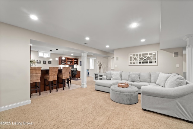 6209 Interlaken Way, Prospect, KY 40059 - living area featuring wet bar, decorative columns, recessed lighting, carpet, and baseboards