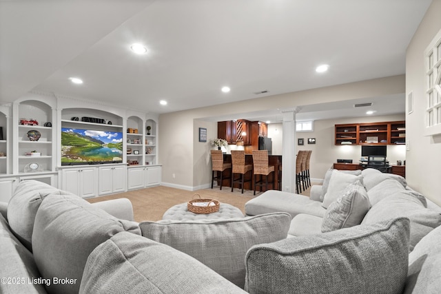 6209 Interlaken Way, Prospect, KY 40059 - living room with light carpet, recessed lighting, baseboards, and bar area