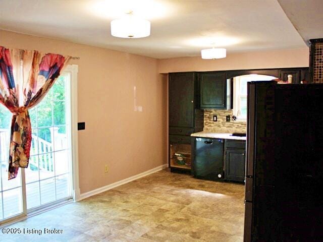 1071 Greenway Dr, Elizabethtown, KY 42701 - kitchen featuring freestanding refrigerator, dishwasher, light countertops, light flooring, and backsplash