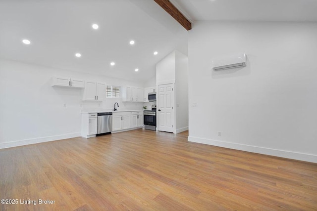 910 Brentwood Ave, Louisville, KY 40215 - unfurnished living room featuring baseboards, beamed ceiling, high vaulted ceiling, light wood-type flooring, and recessed lighting