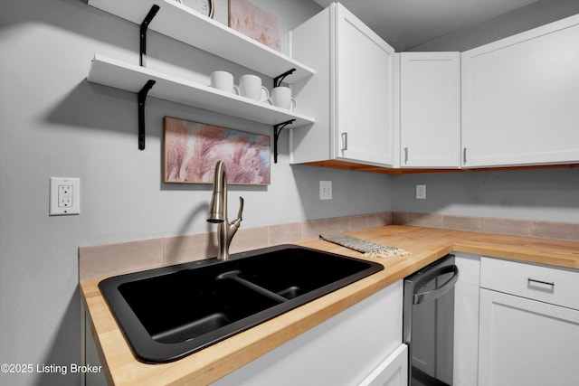 2300 Dundee Rd Unit 2, Louisville, KY 40205 - kitchen with a sink, wood counters, white cabinets, open shelves, and dishwasher