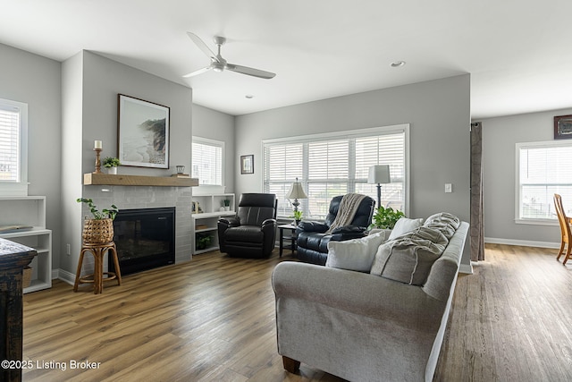 2824 Alder Wood Ln, La Grange, KY 40031 - living area with wood finished floors, a ceiling fan, a fireplace, baseboards, and recessed lighting