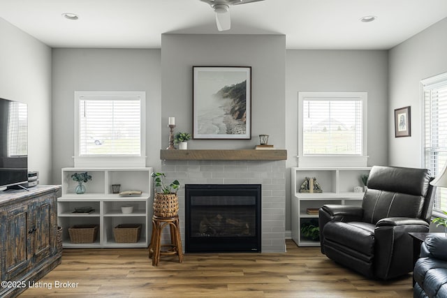2824 Alder Wood Ln, La Grange, KY 40031 - living room with wood finished floors, a fireplace, a ceiling fan, and recessed lighting