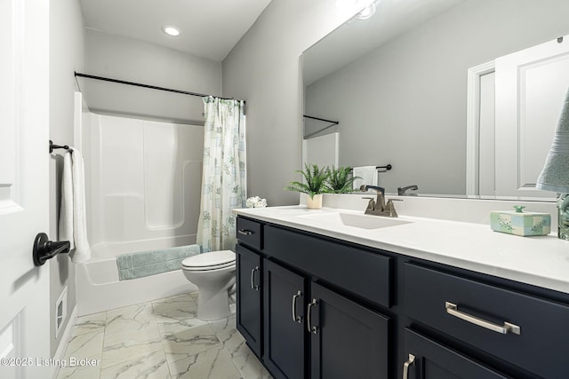 2824 Alder Wood Ln, La Grange, KY 40031 - full bath with vanity, shower / tub combo with curtain, toilet, recessed lighting, and marble look tile flooring