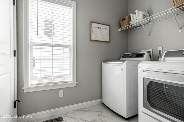 2824 Alder Wood Ln, La Grange, KY 40031 - laundry room featuring light marble finish floors, washer and clothes dryer, and baseboards