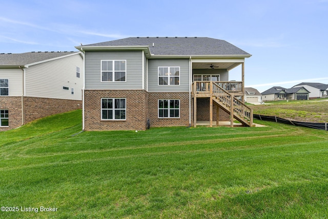 2824 Alder Wood Ln, La Grange, KY 40031 - back of house with a ceiling fan, stairs, brick siding, a lawn, and a deck