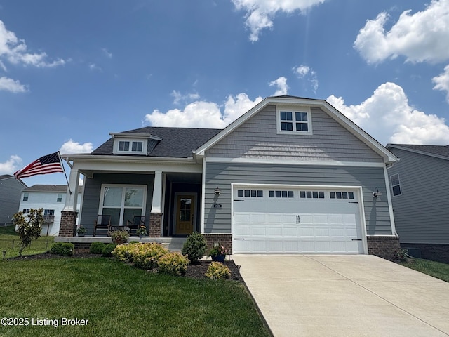 2824 Alder Wood Ln, La Grange, KY 40031 - craftsman-style home with a porch, driveway, an attached garage, a front yard, and brick siding