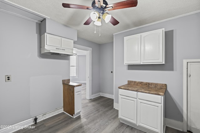 2733 Dumesnil St, Louisville, KY 40211 - kitchen with white cabinetry, ceiling fan, a textured ceiling, dark wood finished floors, and dark countertops