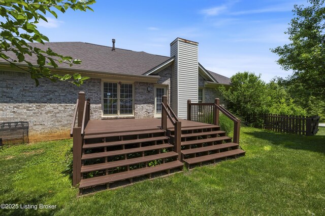 1400 Nightingale Ln, Goshen, KY 40026 - back of house featuring brick siding, a deck, a chimney, stairs, and roof with shingles