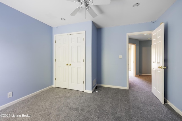 1400 Nightingale Ln, Goshen, KY 40026 - unfurnished bedroom with carpet floors, baseboards, a closet, and ceiling fan