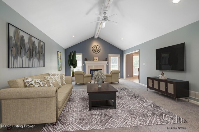 1400 Nightingale Ln, Goshen, KY 40026 - carpeted living area with a ceiling fan, a fireplace, and baseboards