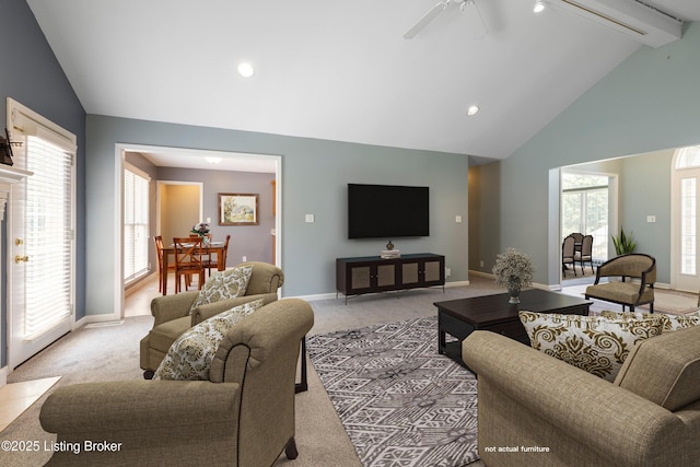 1400 Nightingale Ln, Goshen, KY 40026 - living area with light colored carpet, beamed ceiling, baseboards, a ceiling fan, and high vaulted ceiling