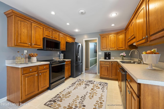 1400 Nightingale Ln, Goshen, KY 40026 - kitchen featuring range with electric cooktop, black microwave, a sink, refrigerator with ice dispenser, and stainless steel dishwasher