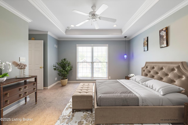 1400 Nightingale Ln, Goshen, KY 40026 - bedroom featuring a tray ceiling, light carpet, crown molding, baseboards, and ceiling fan