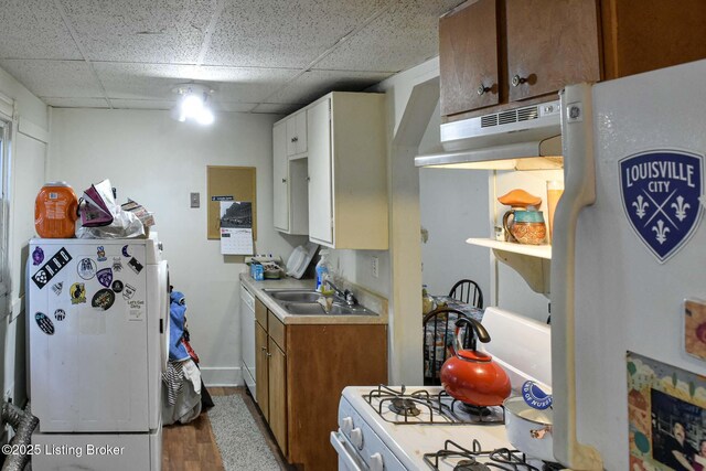 513 Camp St, Louisville, KY 40203 - kitchen with under cabinet range hood, refrigerator, a sink, white dishwasher, and light countertops