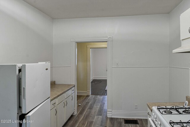 513 Camp St, Louisville, KY 40203 - kitchen featuring freestanding refrigerator, dark wood-style flooring, white cabinets, light countertops, and exhaust hood
