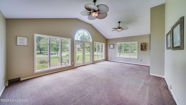 316 Short Rd, Louisville, KY 40207 - carpeted empty room with ceiling fan, plenty of natural light, vaulted ceiling, and baseboards